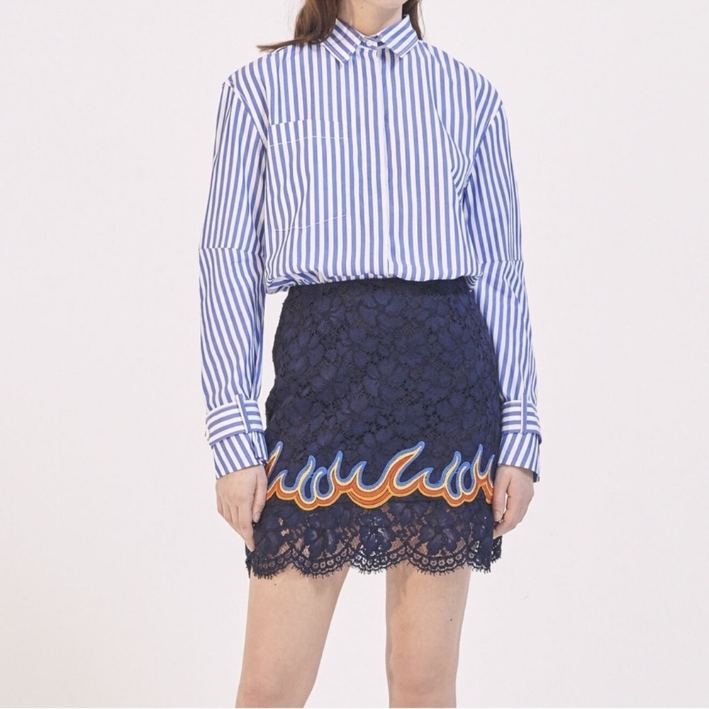 SANDRO Fire Navy Blue Lace Flame Embroidered Scalloped Edges Edgy Mini Skirt